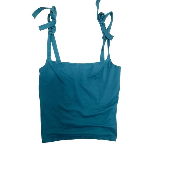 Teal Tie-Shoulder Tank Top By Gaze Size S Polyester/Spandex Square Neck Lightwei - Picture 3 of 4